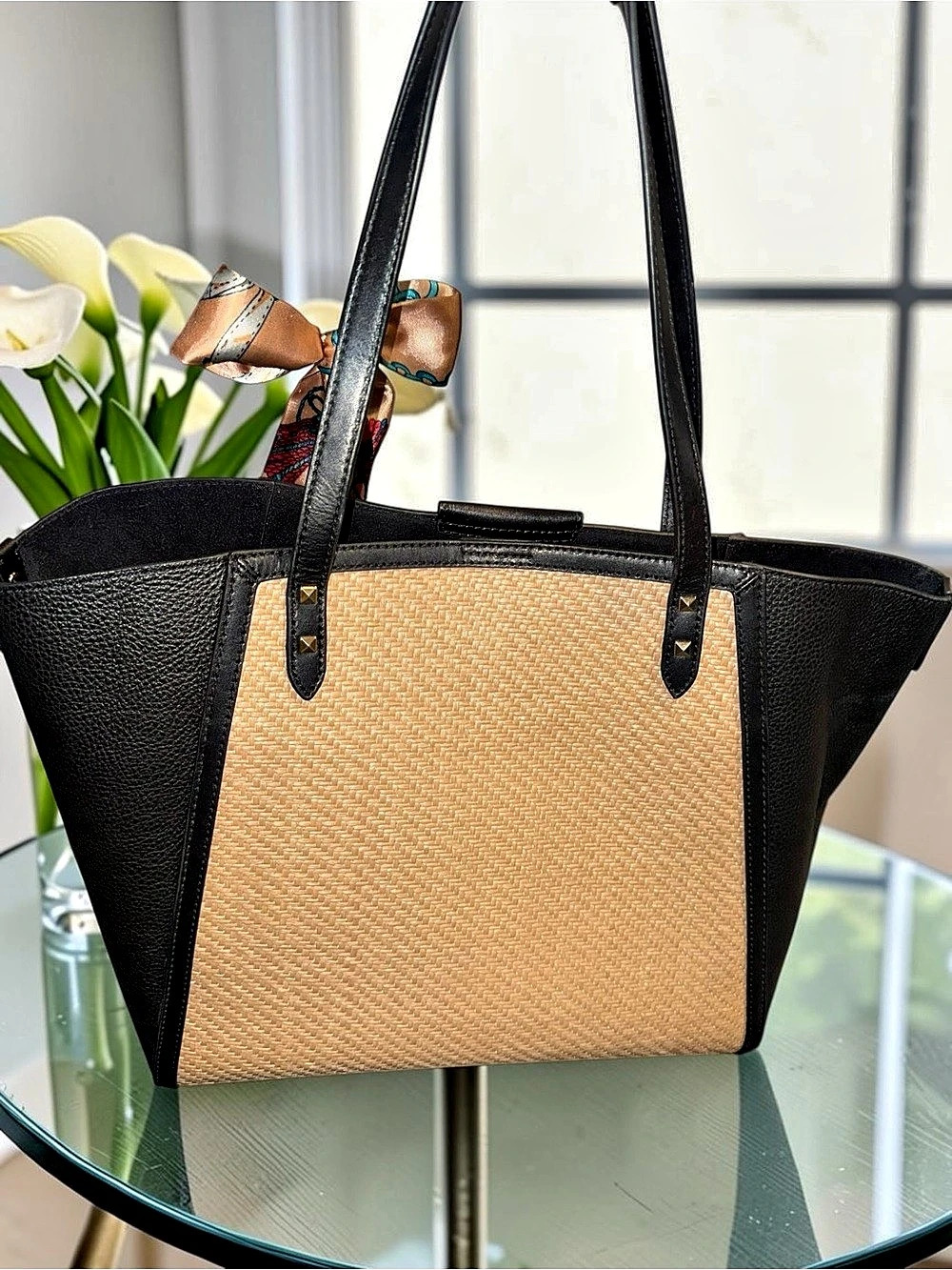 Michael Kors Kariie LG Straw and Leather Tote in Black & Brown - Picture 2 of 8